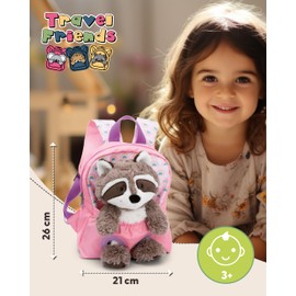 NICI Children's Backpack Pink 2 in 1 with Cuddly Toy Raccoon 25 cm - Nursery Backpack Girls & Boys - Soft Back Area & Adjustable Straps - 49845