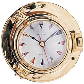 HS 5.5" Polished Brass Quartz Porthole Clock w/Nautical Flag Face