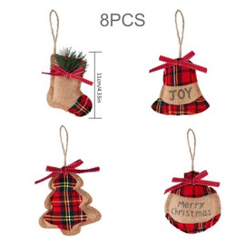 8 Pieces Tartan Christmas Decorations Christmas Baubles Christmas Tree Ornaments Red Tartan with Cream and Black Decoration Rustic Burlap Stocking Ball Bell Hanging Decoration for Xmas Party Supplies