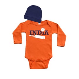 PandoraTees India Cricket Baby Gift Set, Fun Cricket Baby Gift, Long Sleeve Bodysuit and Cap Set (Orange, 12-18 Months)