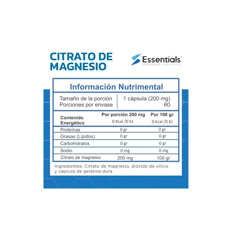 Citrato de magnesio 200 mg | 60 cápsulas | Essentials