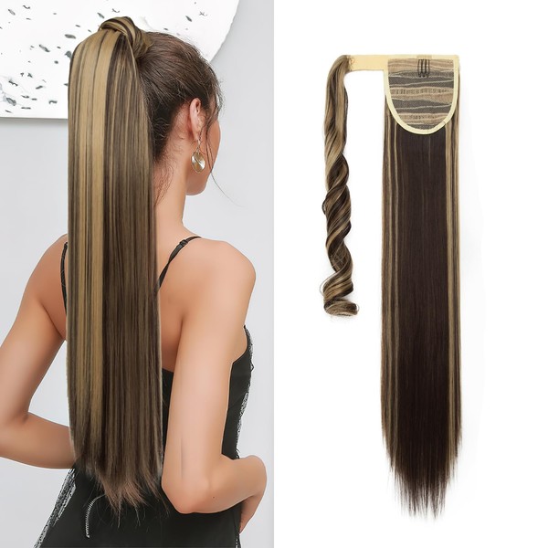S-noilite® Trendy 23"(58cm) Straight Wrap around Ponytail Clip in Hair Extension Strap Pony Tail Long Popluar Style Dark Brown & Ash Blonde
