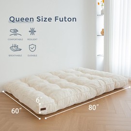 MAXYOYO 6" Futon Mattress Queen Size, Tufted Futons Sofa Couch Bed with Twisted Rope Design Edging, Thick Corded Fabric Floor Mattress for Adults, Shredded Foam Filling (Frame Not Included), Beige