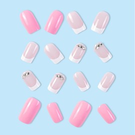 24 Pcs French Tip Press on Nails Medium Fake Nails Square Stick on Nails Full Cover Rose Powder and Nude Oowder Glue on Nails Acrylic Nails with Diamond Design False Nails for Women Or Girl Manicure