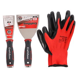 CraftZone 3-Piece Putty Knife & Gloves Set – 2" & 4" Putty Knives with Ergonomic Handles, Stainless Steel Blades, Elastic Soft Knife, Includes Protective Gloves (Polyester + Nitrile)