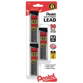 Pentel C25BPHB3K6 Super Hi-Polymer Lead Refills, 0.5mm, HB, Black, 30/Tube, 3 Tubes/Pack