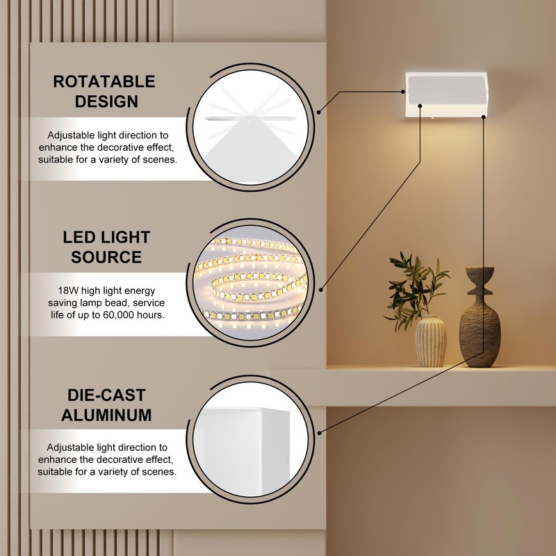Aoceley Indoor Modern Led Aluminum Wall Sconces,18W 5CCT 3000K-6000K Dimmable