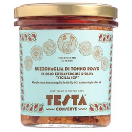 Bluefin Tuna Buzzonaglia in Extra Virgin Olive Oil - Testa Conserve, Sicily, Italy - in a glass jar of 11.2oz