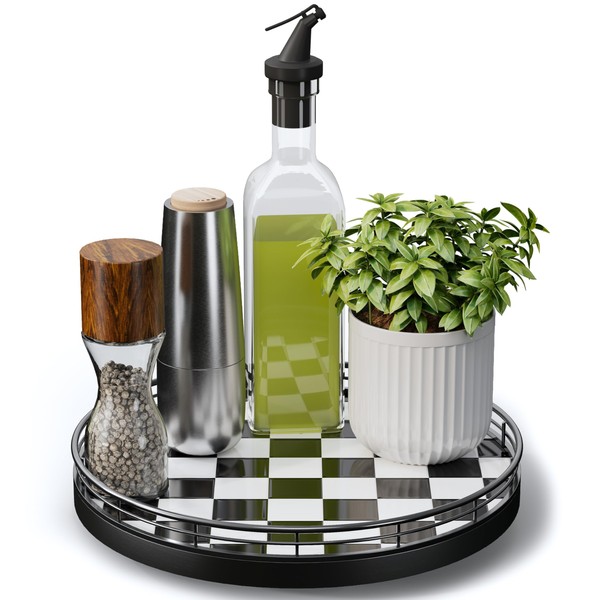 10.2-Inch Black & White Checkerboard Lazy Susan Organizer – Rotating