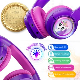 Contixo - Kids Bluetooth Headphones - Wireless & Wired Over-Ear - 85/94dB Volume Limiting - LED Lights, Foldable, Adjustable Headband, Mic - Lightweight Noise-Limiting Design for Boys & Girls - Purple