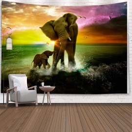 Animal Theme Tapestry Safari Art, Africa Elephant and Baby Playing in Ocean at Sunrise Nature Designs Tapestry, Wall Art Hanging for Bedroom Living Room Dorm Wall Blankets Home Decor, XL90 x 70 Inch