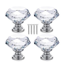 BAOMUMAYE 4 Pcs Crystal Knobs with 4 Screws, Drawer Cabinet Door Pull, Diamond Shaped Cupboards Door Knobs for Cabinet Cupboards Drawer Dressing Table (White)