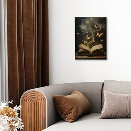 DIENADFX Vintage Book Golden Butterfly Canvas Wall Art Decor, Reading Nook Room Corner Bookish Paintings Wall Office Decor Decorations, Home Library Wall Art Pictures Decor for Living Room, 11x14 Inch