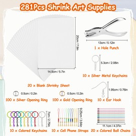 EEEKit 281PCS Shrink Plastic Sheets Kit, 20PCS Shrinky Paper Sheets with Hole Punch, Earrings, Keychain Accessories for DIY Shrinky Paper Art Supplies