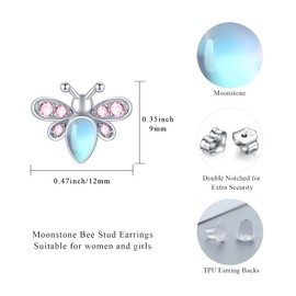 Bee Earrings 925 Sterling Silver Moonstone Stud Earrings Birthstone Stud Earrings Hypoallergenic Stud Earrings Gift Easter Jewellery for Women Girls, Silver