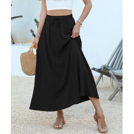 NILOUFO Women's Flowy High Waist A-Line Maxi Skirt - Summer Casual Lightweight Long Skirts with Pockets (Black, XX-Large)