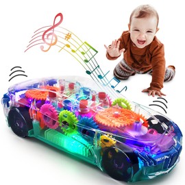 TOOTY TOY Light Up Transparent Sensory Car - Fun and Interactive Toy for Kids- Music Car with LED Light Up - Colorful Moving Gears -Tummy Time Crawling Baby Toy -Birthday Gift Idea for Boys & Girls