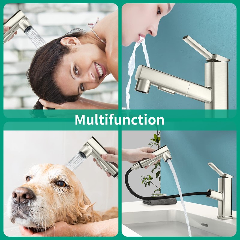 HEROBAI Single Hole Bathroom Faucet, Single Handle Modern Pull Out