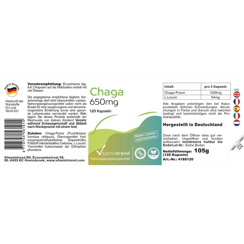 Chaga Powder 650 mg - 120 Capsules, Functional Vital Mushroom,