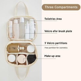 Boriad Waterproof PU Leather Makeup Bag for Women - Large Capacity Travel Organizer with Compartments, Skincare & Cosmetic Brush Case, Portable Toiletry Bag,Beige