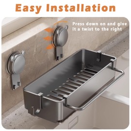 HASA zone Sponge Holder Sink with Traceless Suction Cups, Plastic Sponge Holder Sink with Drain Pan, Towel Holder and 2 Hooks, Wall Mounting for Kitchen Accessories (Grey)