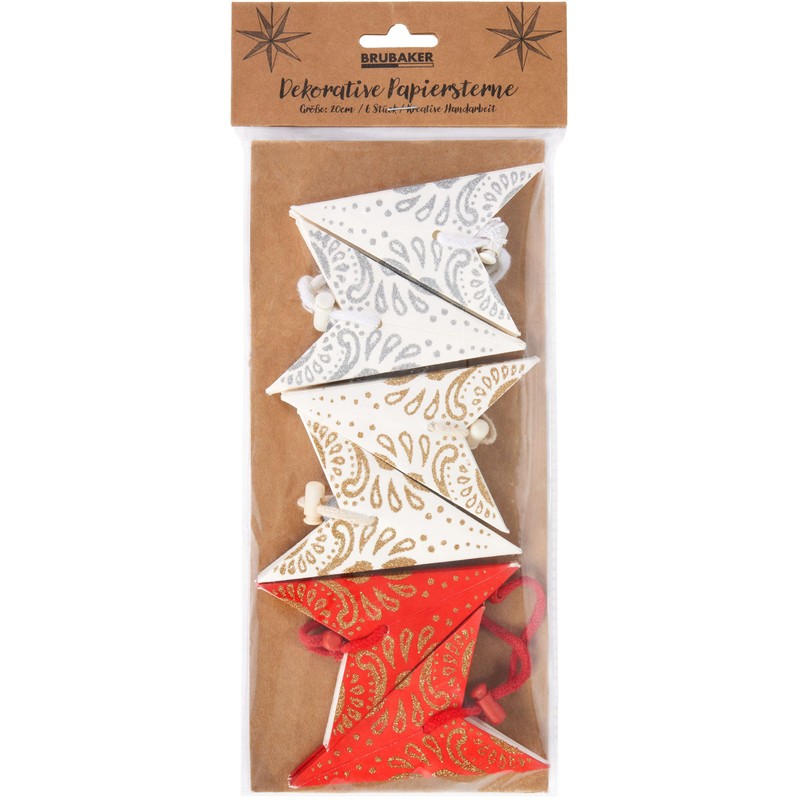 BRUBAKER 6 Paper Stars Christmas - Poinsettia Decoration Set -