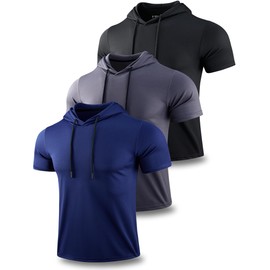 Liberty Pro 3 Pack: Men's Lightweight Short Sleeve Workout Hoodies, Athletic Dry Fit Hooded T Shirts for Gym Running (Set 1, Large)