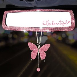 Forala 3 Packs Bling Car Rear View Mirror with Crystal Butterfly Accessories for Women - Universal Clip-on Wide Angle Rear View Mirror (Pink)