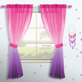 Juego de cortinas de color rosa y morado para decoración de recámara de niñas, 1 panel de bolsillo para ventana, cortina de gasa pastel, traslúcida con arco iris, para decoración de habitación de