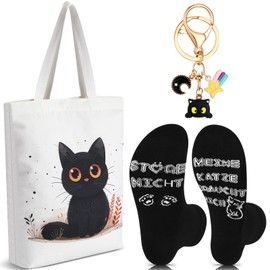 Xuniea Cat Motif Gifts for Cat Lovers, 1 Shopping Reusable Bag, 1 Funny Cat Socks and 1 Black Cat Keyring, Canvas Shopper Shoulder Bag, Gift for Cat Owners, Mainly black and white