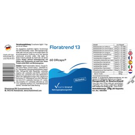 Floratrend 13 - Culture Complex with 41.5 billion CFU - 60 Capsules - 13 Probiotic Bacterial Strains - with Inulin - High Dose - Bioavailable Supplements from Germany | Vitamintrend
