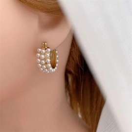 Pearl Earrings for Women, Trendy Pearl Gold Plated Chunky Hoop Dangle Earrings Simple Unique Statement Piercing Earrings for Girls Holiday Jewelry Gifts (Gold)
