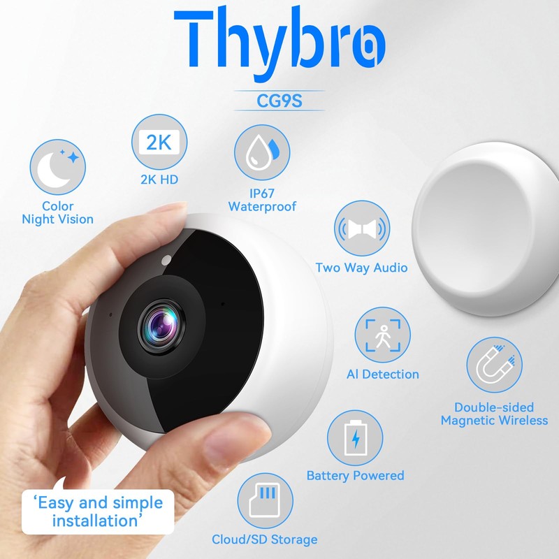 Thybro Magnetic Security Camera Wireless - 2K HD Video, AI