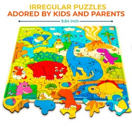QUOKKA Wooden Dino Puzzles for Kids Ages 3-5 - 28 Pieces Toddlers Kids Puzzles Ages 4-8 Year Olds - Wood Dino Toys for Children 6-8 yo