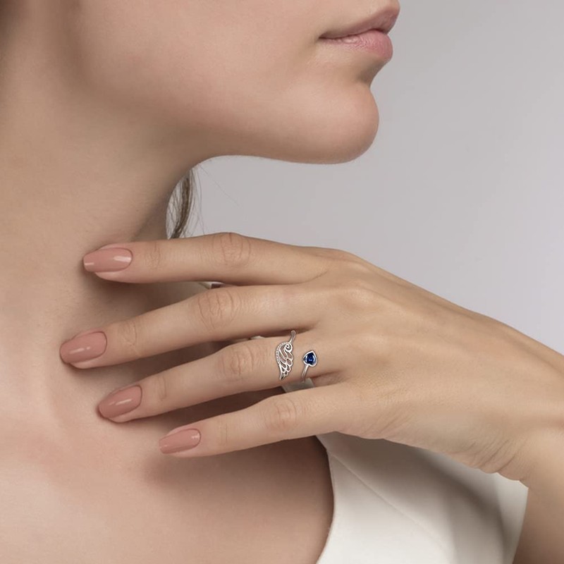 Birthstone Wing Rings Sterling Silver Adjustable Feather Heart Month Stone