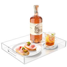 Cilinta Acrylic Serving Trays with Handles, 16"x 12" Rectangle Sturdy Breakfast Trays, Clear Decorative Trays Organiser for Bedroom, Kitchen, Living Room, Bathroom, Hospital and Outdoors