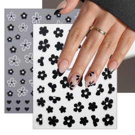 OSTTMA 6 Sheets Black White Flower Nail Art Stickers Decals, 3D Self-Adhesive Floral Nail Decorations, DIY Manicure Decor Accessories