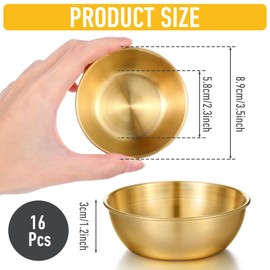 HOFURME 16 Pcs 3.5 inch Stainless Steel Sauce Dishes Mini Individual Saucers Bowl Round Seasoning Dishes Sushi Dipping Bowl Appetizer Plates (Gold)