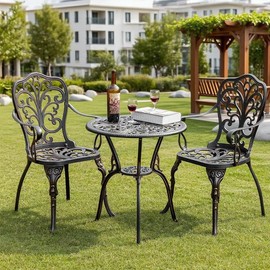 PATIO-IN Patio Bistro Set 3 Piece Cast Aluminum Bistro Set, Outdoor Bistro Table and Chairs Set of 2 with Umbrella Hole for Porch, Lawn, Garden, Backyard, Pool (Brown)