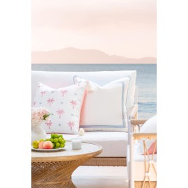 Hofdeco Premium Coastal Patio Indoor Outdoor Pillow Cover Only, 20"x20" Water Repellent for Backyard, Couch, Baby Blue Blush Pink Embroidered Coconut Tree Tassel