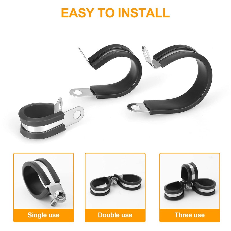 Cable Clamps Assortment Kit,50pcs Rubber Cushion Insulated Clamp.Stainless Steel Pipe