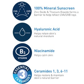 CeraVe 100% Mineral Sunscreen SPF 50, Face sunscreen With Zinc Oxide & Titanium Dioxide, Hyaluronic Acid + Niacinamide + Ceramides, Oil Free, Travel Size 2.5 oz