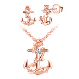 INFINIONLY Necklace Chains and Earrings for Women and Girls, 925 Silver Anchor Jewellery Sets, Anchor Necklace Pendant, Anchor Earrings Studs, Anchor Interwoven with Roses, Zirconia, Rose Gold, Cubic