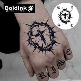 Boldink 2 Pack Semi Permanent Jagua Tattoos 2 Weeks Long Lasting Waterproof Fashion Men Finger Hand Arm Crown of Thorns Gothic Cross