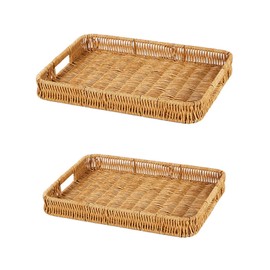 2 Pack Rectangle Rattan Serving Trays with Handles, Decorative Woven Wicker Organizer Baskets Storage Tray for Coffee Table, Bread, Fruit, Snacks