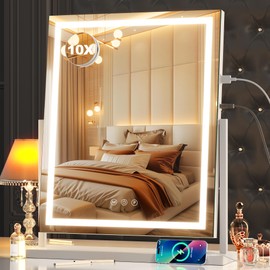 Hasipu Vanity Mirror with Lights, Lighted Makeup Mirror with 10X Magnification, Dimmable 3 Modes, Touch Screen Control, Led Makeup Mirror 17 x 22 Inch