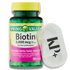 Spring Valley Biotin, Biotin 5000 mcg, Biotin Softgels, 120 Count Bundle with Pill case