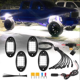 4Pods Pure White LED Rock Lights Kit with Switch Wiring Harness Extension Wire, 6500K 15LEDs Neon Underglow Light Fender Lights Waterproof for Trucks Jeep ATV UTV SUV SXS Off Road