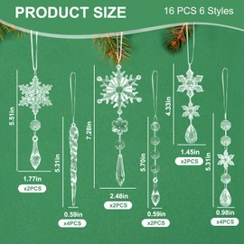 16PCS Christmas Tree Ornaments - 6 Styles Hanging Acrylic Christmas Decoration Snowflake Icicle Drop Crystal Ornaments for Christmas Tree Winter Wonderland New Year Decor Supplies