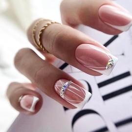 ANDGING French Tip Press on Nails Square White Short Medium Fake Nails with Rhinestone Curved Line Designs Acrylic Glue on Nails for Wedding Gel Manicure Pressons False Nails for Women Stick on Nails